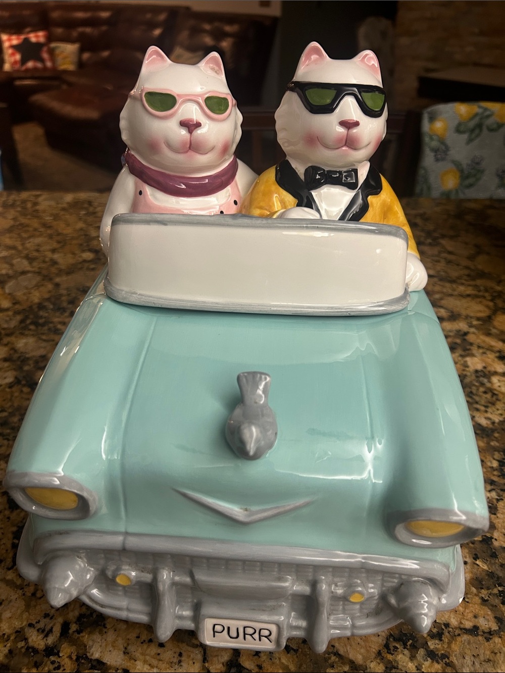 Clay Art "Cruisin' Cats" Ceramic Car Cookie Jar  - Aqua & White